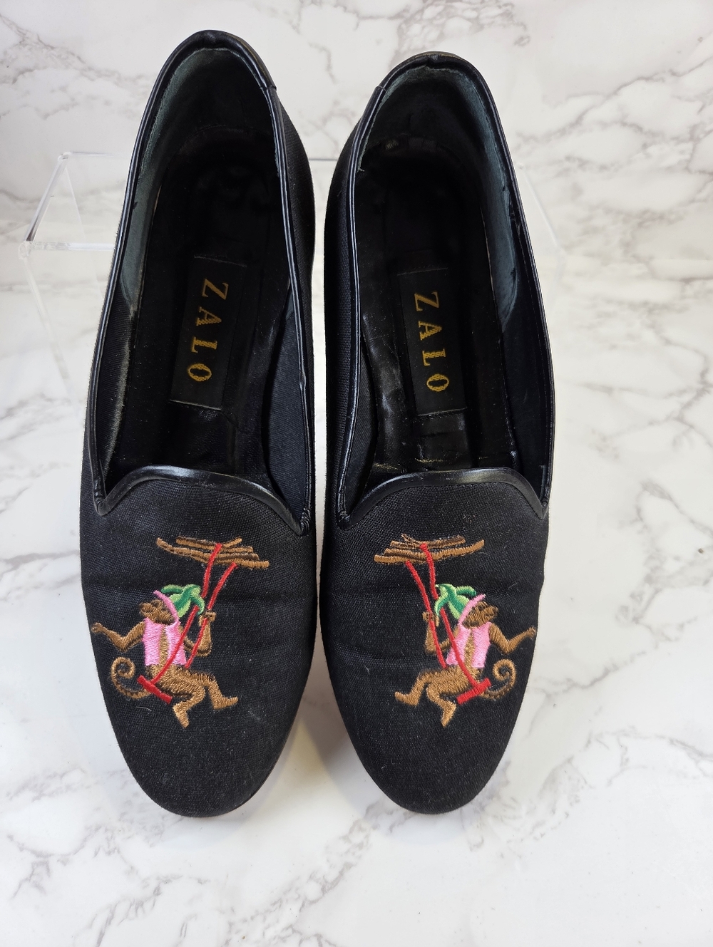 Zalo Black Slip-On Loafers with Colorful Monkey Embroidery(B16)